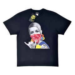 RARETE ラルテ TWIGGY ツイッギー ショートカット コケティッシュ 60年代 スーパーモデル バンダナマスク タトゥー ハイクォリティ Tシャツ 黒 ブラック XS(SS) S M L XL(LL) タイト ジャスト 大きい ビッグ オーバーサイズ