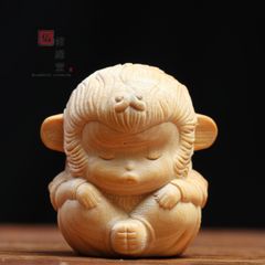 【修縁堂】木彫り 置物 Q版猿 動物 ミニ 精密彫刻 柘植 木細工 サル 細密彫