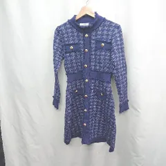 ◇ ⊇ MINAGRAM 千鳥柄 長袖 ひざ丈 ワンピース サイズ表記なし ネイビー系 レディース E  【1505220011359】