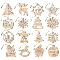 【特価商品】ギフトタグ 装飾 飾り 飾り クリスマスツリー 16個セット クリスマスツリー ベル 天使 雪だるま トナカイ 雪の結晶 サンタ 紐付き オーナメント オーナメント クリスマス 北欧 木製