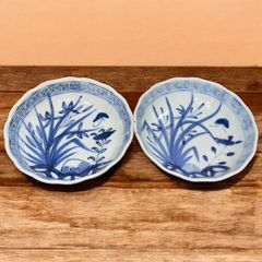 伊万里焼 古染付花蝶文 ５寸 なます皿 明治 直径15cm 2客揃え