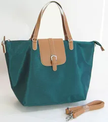 折りたためる2Wayトートバッグ　斜め掛け A4OK　ナイロン×合皮ボストン型 コンパクトボストン(ブルーグリーン×オーク)