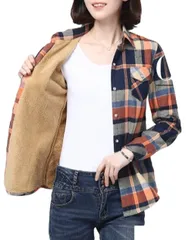 【カナエルン】 レディース 長袖 ファッション 裏起毛 ボア 極暖 ヒートテック ダンガリー シャツ チェック ネルシャツ シャギー 重ね着 寒さ対策 厚着 厚手 フランネル コットン 綿 チェックシャツ 部屋着 防寒 チェック柄 ルーム [オレンジ] [M]