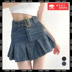 ミニデニム プリーツスカート ベルト付き ハイウエスト フレアスカート 韓国 Aラインスカート レディース 細見え ショートスカート おしゃ