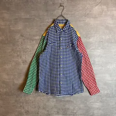 一点物 ミキハウス mikihouse 切替デザイン 長袖シャツ ネルシャツ チェック 刺繍ロゴ クマ マルチカラー クレイジー