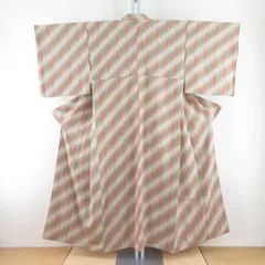 小紋 縞模様 砂色ｘベージュオレンジｘオリーブグリーン 袷 広衿 正絹 仕立て上がり カジュアル着物 身丈148cm