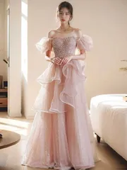 新品未使用 ピンクオフショルカラードレス 前撮り＆二次会に最適！結婚式に華やかに♪