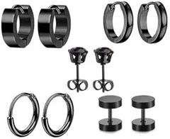 LIBERTY-M メンズ ピアス 5ペアセット フープ レディースピアス ユニセックス 両耳用 サージカルステンレス おしゃれ かっこいい プレゼント(ブラック)