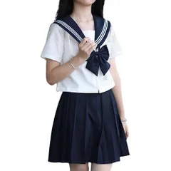 ホワイト_S [FAVORABLE SCENERY セーラー服 レディース 半袖 シャツ スカート 上下セット 前開き コスプレ JK 制服 コスチューム 白 ネイビー 高校生
