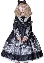 新品 [Lady Lazy] [レディレイジー] ゴスロリ 長袖 ドレス ゴシック ワンピース スカート 衣装 撮影 ロリータ コスプレ 女装 ゴシック ドール柄 黒 ブラック
