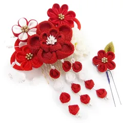 髪飾り 成人式 振袖 袴 ２点セット 赤 大人 浴衣 かんざし 簪 卒業式 フォーマル 結婚式 花飾り つまみ細工 リボン ちりめん ブライダル W 髪飾り No.7007 赤 m826　WSi
