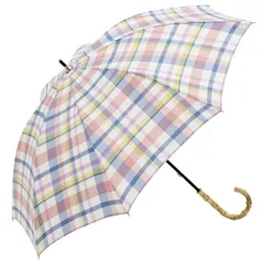 ビコーズ パラソル チェック ピンクバンブー 竹 持ち手 傘 レディース 長傘 雨傘 日傘 UVカット90%以上 遮光 晴雨兼用 防水 はっ水加工 手開きタイプ