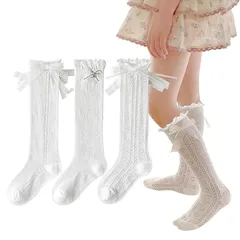 【新品】 [QINTIAN] キッズ 靴下 ガールズ ハイソックス 白 女の子 ソックス 3足セット 子供フォーマル服用 学生 カーフソックス お姫様 可愛い リボン 入学式 卒業式 発表会 通園 通学 綿 (JP, アルファベット, M, 白リボン)