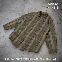 90-00s BANANA REPUBLIC Zip Up Plaid Shirt Jacket バナナリパブリック ジップアップシャツジャケット チェックシャツ ブラウン系 XSサイズ インド製 レザーファスナープル ライトアウター アシンメトリー