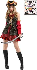 Madrugada(マドルガーダ) 女海賊 パイレーツ ガール ドレス フリル コスプレ コスチューム ハロウィン タトゥーシール付き 2点セット レディース S736( 赤、黒,  Lサイズ)