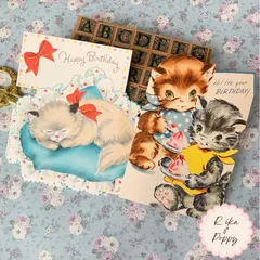 SALE❣️ヴィンテージ バースデーカード 猫ちゃん 2枚セット 海外 紙もの おすそ分けファイル ジャンクジャーナル素材 蚤の市 レトロ