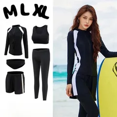 【M  L XL】5点セット水着 レディース 長袖ラッシュガード レギンス ジッパーショートパンツ フィットネス 黒ブラック大きいサイズ体型カバー タンキニUV紫外線 セパレート 上下セット 水陸両用 女性 ノンワイヤー 露出控えめ おしゃれ 伸縮性速乾 ママ