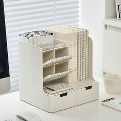 WHOOAH 卓上収納ボックス デスク上置き棚 デスクオーガナイザー 引き出し 小物 卓上ラック 大容量 多機能 オフィス収納 机上収納ボックス 本棚 ペン入れ 仕切り ファイル/雑誌/書類/事務用品/文房具/化粧品収納 机上用品 整理整頓 ホワイト