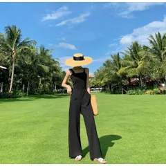 ☆ ブラック ☆ Lサイズ ☆ サロペット オールインワン パンツ オールインワン サロペット パンツ ロング丈 ズボン オーバーオール ワイドパンツ 大人 レディース きれいめ ハイウエスト サイドファスナー カジュアル シンプル 無地 お出かけ 通勤 通学