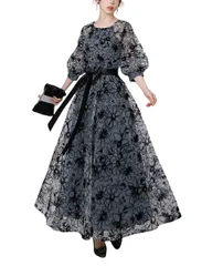 おしゃれ 卒業式 お呼ばれ 同窓会 披露宴 着痩せ 二次会 結婚式 体型カバー リボン 七分袖 ハイウエスト フォーマル ドレス 上品 ロング丈 Aライン 裏地付き 花柄 レディースワンピース パーティードレス [MATSUMIZUYU]