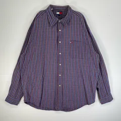 古着 90's/90年代 トミーヒルフィガー TOMMY HILFIGER 長袖シャツ チェック ロゴ　刺繍 胸ポケット XL  パープル系 マルチカラー メンズ