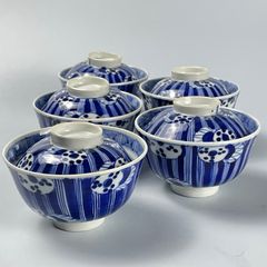 667 染付　鼓　古伊万里　伊万里焼　骨董　アンティーク　蓋茶碗　飯茶碗　5客セット