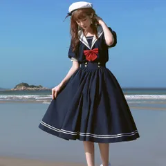 ☆ ネイビー ☆ Mサイズ ☆ セーラー ワンピース 半袖 セーラー服 ワンピース 半袖 学生服 ワンピ セーラー ひざ丈 膝下丈 フレア 襟付き コスチューム コスプレ ライン ロリータ風 レディース ハイウエストふんわり リボン キュート 春 夏 秋