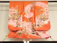 平和屋着物[]七五三　女の子　３歳　祝着　三つ身　御所車花文　暈し染め　金彩　洗える着物　AAAU5450ja