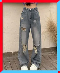 新品 ダメージデニムパンツ レディース クラッシュジーンズ 脚長 着やせ ユーズド 加工ストレート 【送料無料】