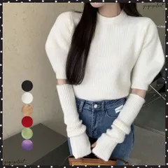 アームウォーマー ニットトップス 韓国風レディース アームカバー付き 2点セット パフスリーブ ニットセンター きれいめ ニットウェア 秋冬ニットソーお洒落無地カジュアル ニット 着やせニットトップ ニットプルオーバー