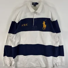 古着 90's/90年代 ポロバイラルフローレン Polo by Ralph Lauren 長袖 ラガーシャツ ビックポニー ハーフジップ 刺繍デザイン L  ネイビー系 ボーダー メンズ