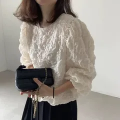 ブラウス シャツ 長袖トップス フリル かわいい しわ加工 バルーン スリーブ ブラウス プルオーバー ルーズ シャツ 長袖 ゆったり 大きめ 長め丈 無地 きれいめ 春 秋 レディース 韓国ファッション milyx48