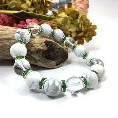 ハウライト&水晶 パワーストーン ブレスレット 天然石 12mm （グリーン）メンズ・レディース 男性・女性 数珠ブレス 開運  [a]