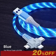 3-in-1 カラフル光る充電ケーブル Micro USB TYPE-C Lightning 1m TPE素材 急速充電 3A LEDライト オシャレ 3種類コネクター スマホ充電コード 車内 室内 iPhone データケーブル