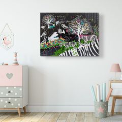 Art Panel by Kayo Horaguchi, "Starry Night/BK," printed on canvas and stretched over a wooden frame. Features cute animal illustrations and colorful graphic panels/posters. A popular artist's work. Free gift wrapping available. Y769