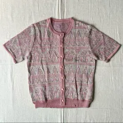 〜90s　vintage　幾何学アート柄　ラメピンク　メッシュサマーニット　半袖カーディガン　レトロ古着