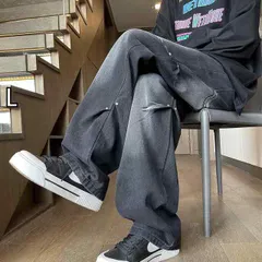 [L]メンズ  服  シンプル ファッション オシャレ 大人 かっこいい 大きいサイズ ストリート 紳士服 秋 ブラック ジーンズ ウォッシュ 加工 ダメージ ワイド レッグ パンツ アメリカン ストリート ストレート