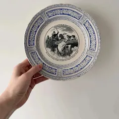 クレイユ　天使と女神のグリザイユプレート　皿φ24.5cm フランスアンティーク クレイユモントロー窯1876-1884年グリザイユ（直径19cm