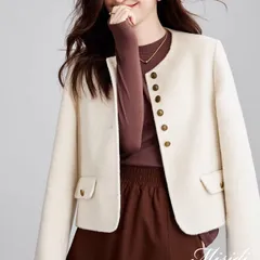 ウールノーカラージャケット レディース ジャケット ノーカラー ツイードジャケット ライトアウター ショートジャケット ツイードコート 金ボタン フォーマル オフィス ショット丈 通勤 ママスーツ 上品 ビジネス 入学式 nuanta02☆DZ10