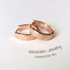 【 両耳 】【 ハワイアンジュエリー 】 プルメリア ホヌ ワンタッチ フープ ピアス ( ピンクゴールド ) サージカルステンレス SUS 316L  / 金属アレルギー対応 / つけっぱなし 錆びない アクセサリー / 送料無料 / ギフト ラッピング
