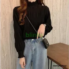 春 ハイネック/ラウンドネック/裏起毛/薄手シャーリングフリルブラウス インナートップス シフォンパフスリーブchen02