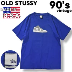 【希少】 90s ヴィンテージ USA製 銀タグ オールド ステューシー OLD STUSSY シャネル CHANEL ロゴ プリント スニーカー デザイン Tシャツ シングルステッチ L ブルー ストリート メンズ