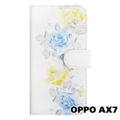 【新品未使用】 OPPO AX7 手帳型スマホ ケース 花柄 (イエロー×ブルー) バラ ローズ 水彩 フラワー 北欧 おしゃれ かわいい カード収納 PUレザー flip2-ax7-wh-20071のサムネイル