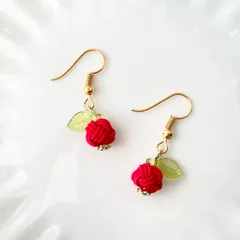 【184】ハンドメイド 水引 ピアス イヤリング 玉結び りんご レッド