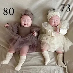 【新品】ベビー　ドレス　撮影用　結婚式　記念日　ロンパース　かわいい　ヘアバンド付　73・80 アイボリー　パープル