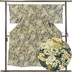 小紋 身丈151cm 裄63cm 前幅23cm 後幅29cm 袖丈47cm 袖幅33cm レディース 袷 花柄 裄Mサイズ 秋冬春用 正絹（シルク）ネイビー 美品 リメイク リユース リサイクル【呉服のきくや】
