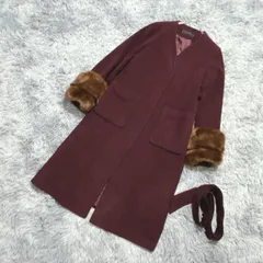 ■【良品】PAGEBOY  ページボーイ  ノーカラーロングコート  フライフロント  ウエスト紐  袖ファー  (F)  エレガント  上品  レディース  赤系  レッド【送料無料】のサムネイル