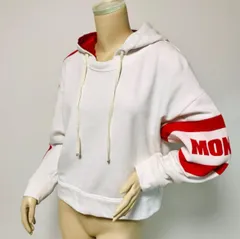 良品★MONCLER・モンクレール MAGLIA レディース フード付き アイコンビックロゴラインデザイン ショート丈 スウェット パーカー 2019年モデル (S) ブランド レディース トップス ホワイト レッド