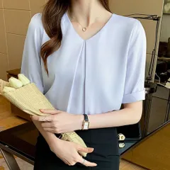 ☆ ライトブルー ☆ M ☆ レディース ブラウス 半袖 Vネック おしゃれ ブラウス レディース 半袖 襟なしブラウス 袖折り返し Vネック 春夏 春 夏 おしゃれ シンプル 無地 通勤 仕事 女性 大人 フォーマル オフィス きれいめ オフィスカジュアル