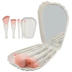 防塵 多機能 便利 て毛が密集し 柔らか 貝殻収納ケース付き 化粧筆携帯用 化粧ブラシ 収納型 化粧筆 (ホワイト) かわいい 人気 5本セットメイクブラシ鏡附